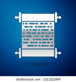 Silver Paper scroll icon isolated on blue background. Canvas scroll sign. Vector Illustration
