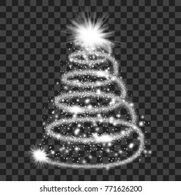 Silver particle wave in form of christmas tree with bright shining and glowing particles isolated on transparent background. Glitter bright trail, glowing wave vector illustration