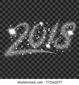 Silver particles wave in form of 2018 digits with bright shining and glowind particles isolated on transparent background. Glitter bright trail, glowing wave vector illustration