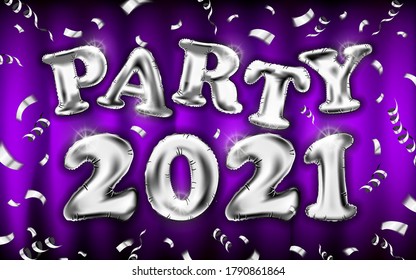 silver party 2021 flying balloons and confetti. Happy New Year elegant design - vector illustration of silver 2021 logo - perfect typography for save the date luxury designs and new year celebration