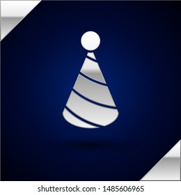 Silver Party hat icon isolated on dark blue background. Birthday hat.  Vector Illustration