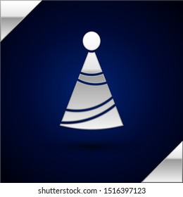Silver Party hat icon isolated on dark blue background. Birthday hat.  Vector Illustration