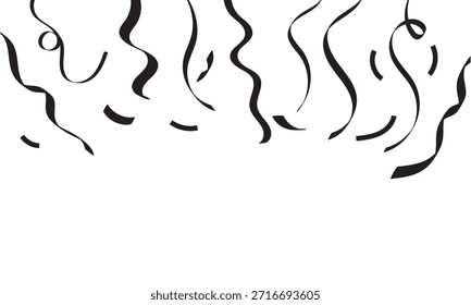 Serpentinas de fiesta de plata sobre fondo oscuro. Serpentinas plateadas metálicas brillantes que cuelgan de la parte superior sobre un fondo negro, perfectas para diseños de celebración, invitaciones de fiesta y gráficos festivos.