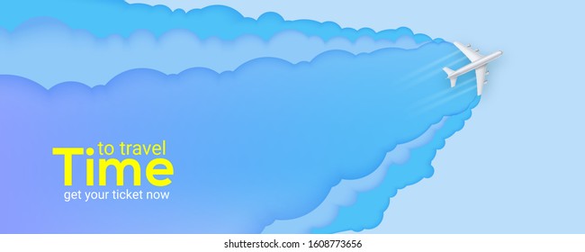 Silver passenger plane flies through the clouds. Blue sky carved from multi layered paper. Time to travel. Banner with realistic airplane and background cut out of paper. Vector 3d illustration, EPS10