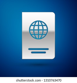 Silver Passport with biometric data icon isolated on blue background. Identification Document. Vector Illustration