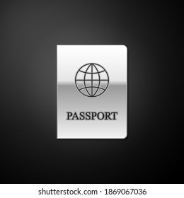 Silver Passport with biometric data icon isolated on black background. Identification Document. Long shadow style. Vector.