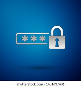 Silver Password protection and safety access icon isolated on blue background. Lock icon. Security, safety, protection, privacy concept. Vector Illustration