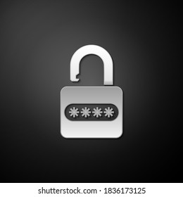 Silver Password protection and safety access icon isolated on black background. Lock icon. Security, safety, protection, privacy concept. Long shadow style. Vector.