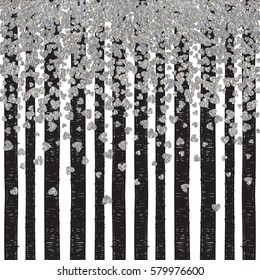Silver pattern of falling hearts confetti on striped background. Border for festive banner, greeting card, postcard, wedding invitation, Valentines day and save the date card. Vector illustration.