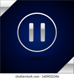 Silver Pause button icon isolated on dark blue background.  Vector Illustration