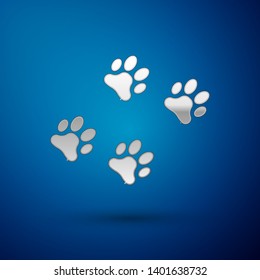 Silver Paw print icon isolated on blue background. Dog or cat paw print. Animal track. Vector Illustration