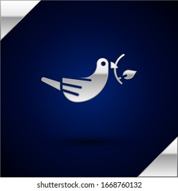 Silver Peace dove with olive branch icon isolated on dark blue background. Happy Easter.  Vector Illustration