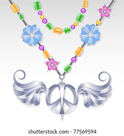 silver peace symbol with a stylized sweeping wings on a cord decorated with colored beads and jewelry with stylized flowers.