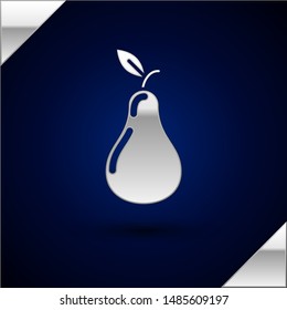 Silver Pear icon isolated on dark blue background. Fruit with leaf symbol.  Vector Illustration