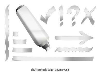 Silver pen - plus some silver signs like call sign, question mark, tick mark, arrow and underlining. Vector illustration over white background.