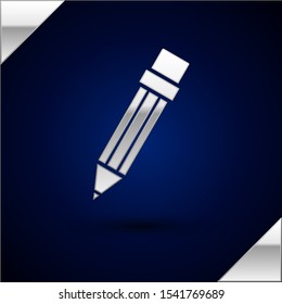 Silver Pencil with eraser icon isolated on dark blue background. Drawing and educational tools. School office symbol.  Vector Illustration