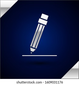 Silver Pencil with eraser and line icon isolated on dark blue background. Education sign. Drawing and educational tools.  Vector Illustration