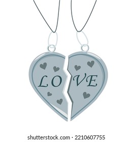 Silver pendant in the shape of a heart. The concept of unity, couples pendant for lovers. Vector illustration.