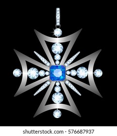 Silver pendant in the shape of a Latin cross with diamonds and sapphire