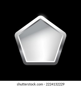 Silver pentagon button with frame vector illustration. 3d steel glossy elegant design for empty emblem, medal or badge, shiny and gradient light effect on plate isolated on black background.