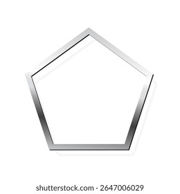 Silver pentagon photo frame on white background. Steel game button. Blank space for picture, painting, card. 3d realistic chrome empty template vector illustration. Simple object mockup.
