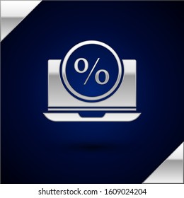 Silver Percent symbol discount and laptop icon isolated on dark blue background. Sale percentage - price label, tag.  Vector Illustration