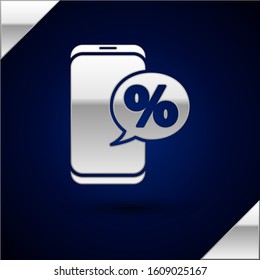 Silver Percent symbol discount and mobile phone icon isolated on dark blue background. Sale percentage - price label, tag.  Vector Illustration