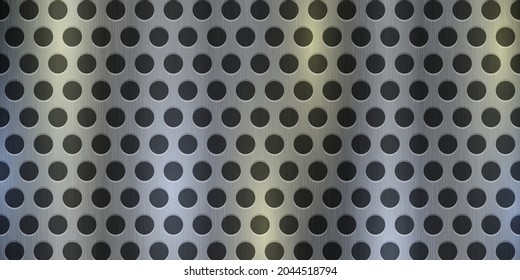 Silver perforated metal background. Gray brushed stainless steel vector pattern. Iron gradient texture with black circles. 