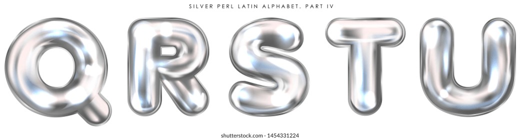 Silver perl foil inflated alphabet symbols, isolated letters Q-R-S-T-U