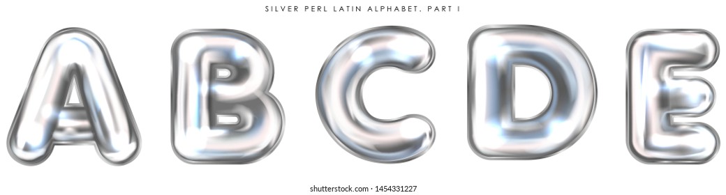 Silver perl foil inflated alphabet symbols, isolated letters A-B-C-D-E