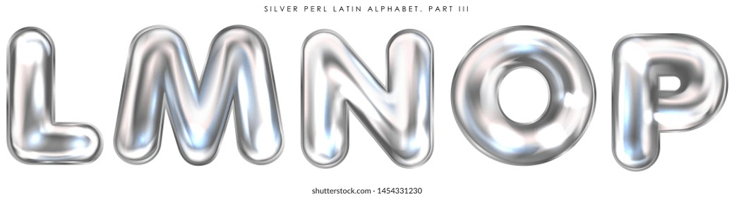 Silver perl foil inflated alphabet symbols, isolated letters L-M-N-O-P