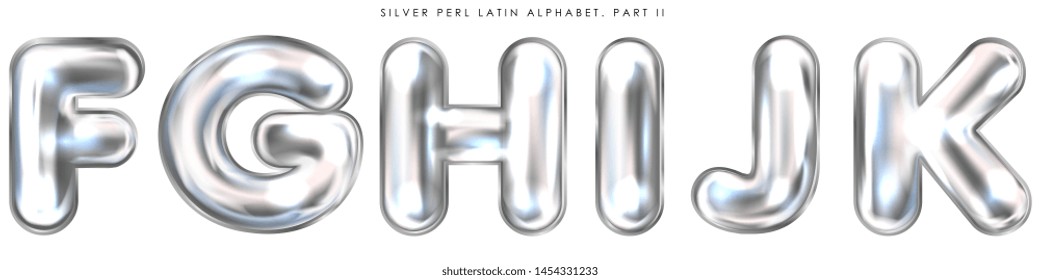 Silver perl foil inflated alphabet symbols, isolated letters F-G-H-I-J-K