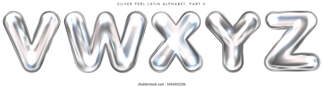 Silver perl foil inflated alphabet symbols, isolated letters V-W-X-Y-Z