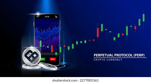 Silver Perpetual Protocol (PERP) Cryptocurrency blockchain. Moneda en línea Fondo azul.  Cryptocurrency Trading y acciones de juego para smartphone. Financiamiento bancario móvil seguro. Ilustración vectorial 3D.