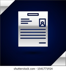 Silver Personal document icon isolated on dark blue background. File icon. Checklist icon. Business concept.  Vector Illustration
