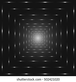 Silver perspective abstract tunnel, shades of grey punctuated square lines vector background