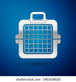 Silver Pet carry case icon isolated on blue background. Carrier for animals, dog and cat. Container for animals. Animal transport box. Vector Illustration