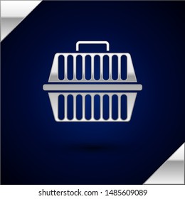 Silver Pet carry case icon isolated on dark blue background. Carrier for animals, dog and cat. Container for animals. Animal transport box.  Vector Illustration