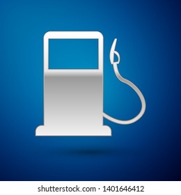 Silver Petrol or Gas station icon isolated on blue background. Car fuel symbol. Gasoline pump. Vector Illustration