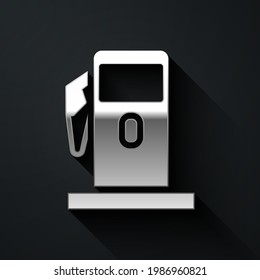 Silver Petrol or Gas station icon isolated on black background. Car fuel symbol. Gasoline pump. Long shadow style. Vector Illustration