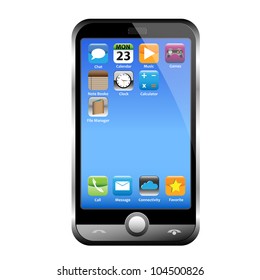 Ein silbernes Telefon Breite ein blauer Bildschirm und interessante Symbole. Einzeln auf Weiß.