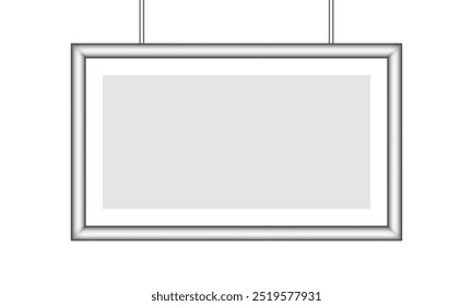 Silver photo frame. White passe-partout. Rectangular picture. Poster or painting template on a transparent background. Hanging board