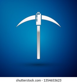 Silver Pickaxe icon isolated on blue background. Blockchain technology, cryptocurrency mining, bitcoin, digital money market, cryptocoin wallet. Vector Illustration