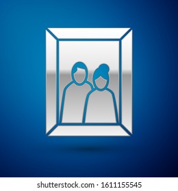 Silver Picture frame on table icon isolated on blue background. Valentines Day symbol.  Vector Illustration
