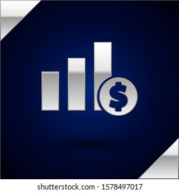 Silver Pie chart infographic and dollar symbol icon isolated on dark blue background. Diagram chart sign.  Vector Illustration