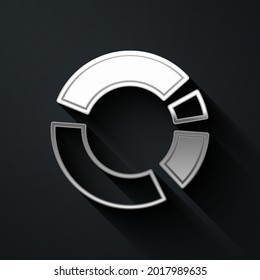 Silver Pie chart infographic icon isolated on black background. Diagram chart sign. Long shadow style. Vector
