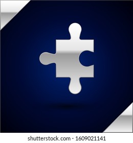 Silver Piece of puzzle icon isolated on dark blue background. Modern flat, business, marketing, finance, internet concept.  Vector Illustration