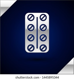 Silver Pills in blister pack icon isolated on dark blue background. Medical drug package for tablet: vitamin, antibiotic, aspirin.  Vector Illustration
