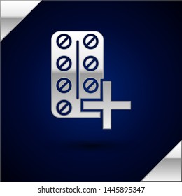 Silver Pills in blister pack icon isolated on dark blue background. Medical drug package for tablet: vitamin, antibiotic, aspirin.  Vector Illustration