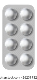 Bolsa blister de pílulas de prata mostrando cápsulas redondas do medicamento, criando um conceito de tratamento médico e de saúde com foco em produtos farmacêuticos e administração de medicamentos